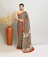 Cream-Orange Pure Bagru Pashmina Kalamkari Printed Sico Chanderi Saree